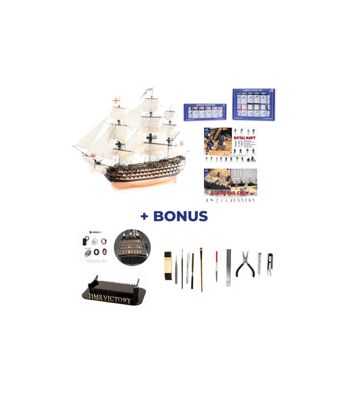 Gift Pack with Ship Model, Figurines, Paints, LEDs and Tools: HMS Victory