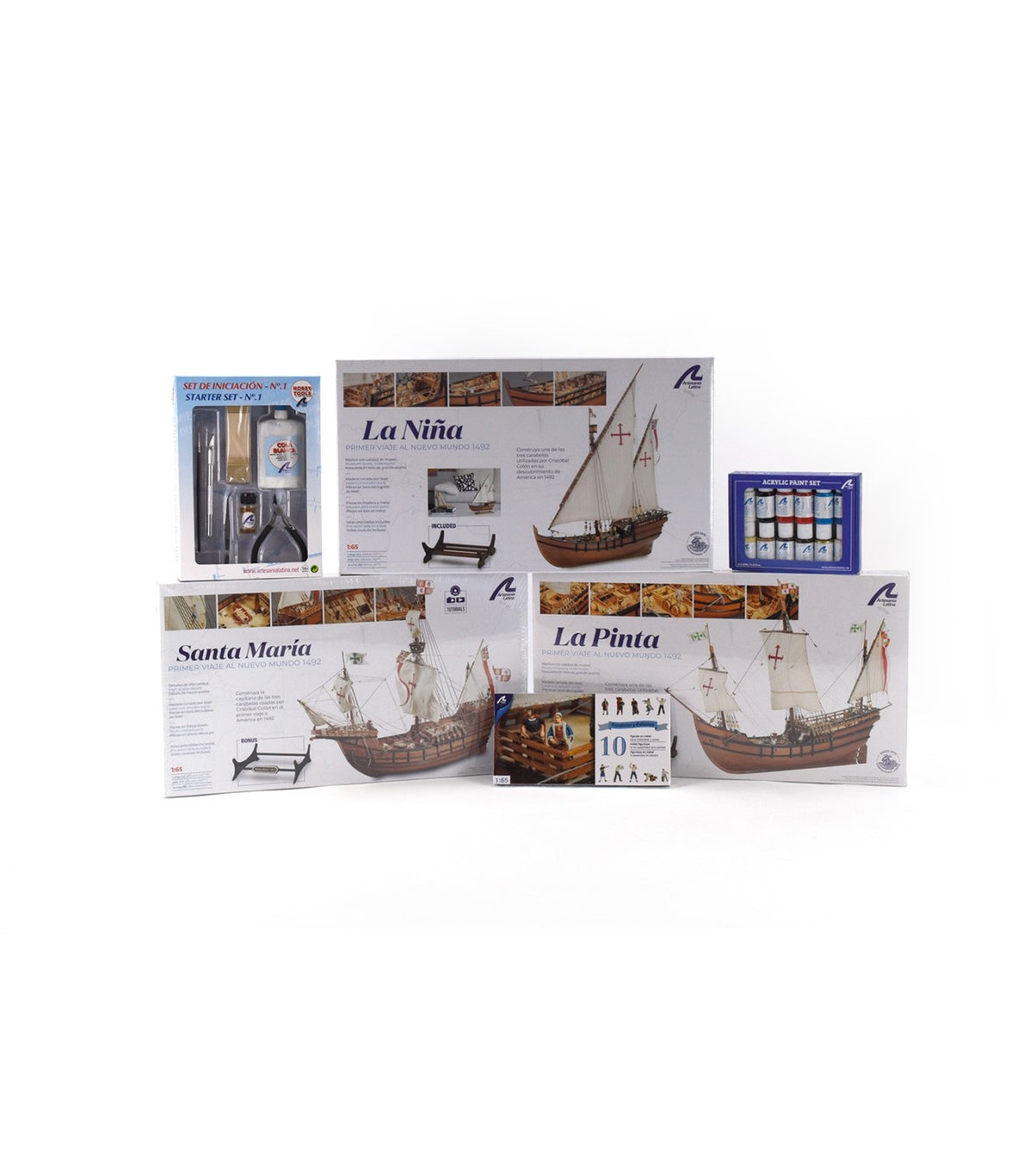 Gift Pack with Ship Models, Figurines, Paints and Tools: Discovery of America Caravels