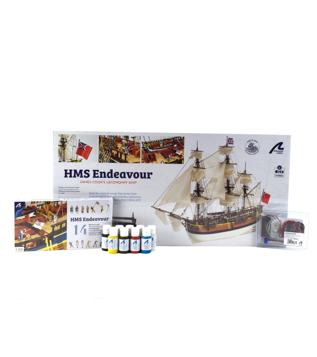 Gift Pack with Ship Model, Figures, Paints and LED Lightning: HMS Endeavour